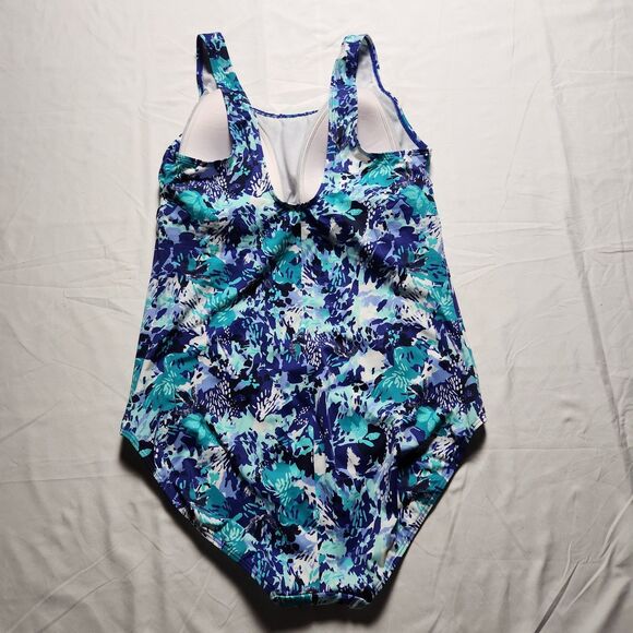 L.L. Bean Womens 20W UPF 50+ Floral One Piece Swimsuit Blue - Picture 2 of 9